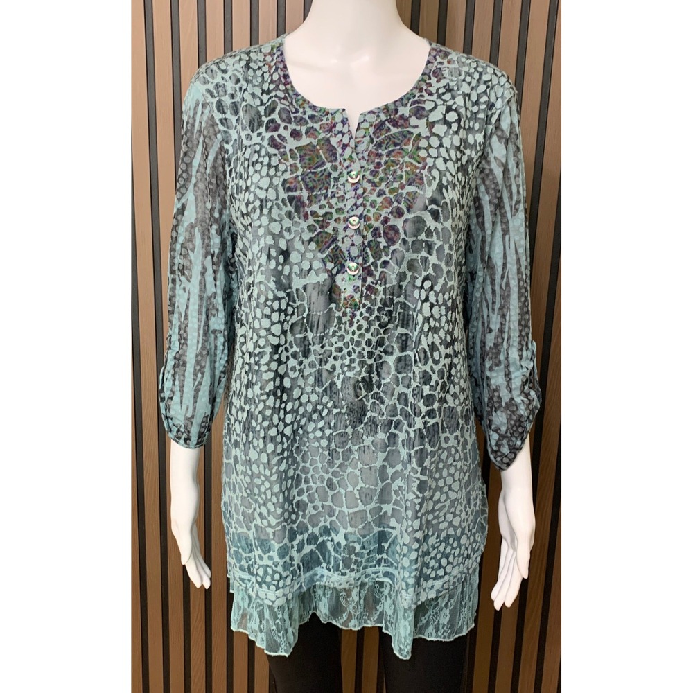 Ali Miles Teal Blue Mixed Animal Print Lace Tunic Top 3/4 Sleeve L Lagenlook